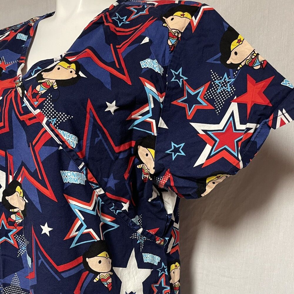 DC Comics Funko Pop Wonder Woman Mock Wrap Nurse Scrub Top Unisex Navy Red 3XL - Picture 3 of 8